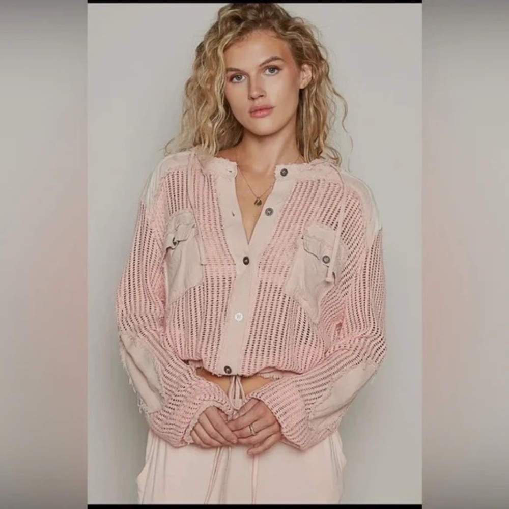 New POL Open Knit See Through Button Down Hoodie Top Frayed Edges Long Sleeve - Picture 5 of 5